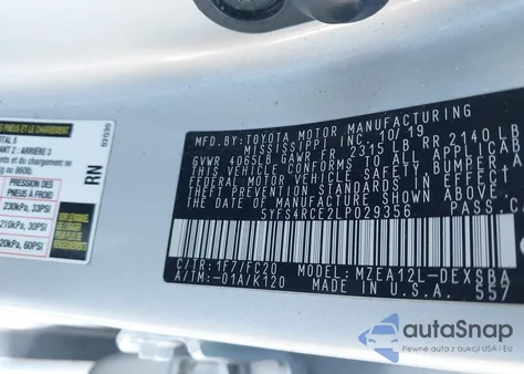 2020 Toyota Corolla Se z USA, uszkodzony, nr VIN 5YFS4RCE2LP029356